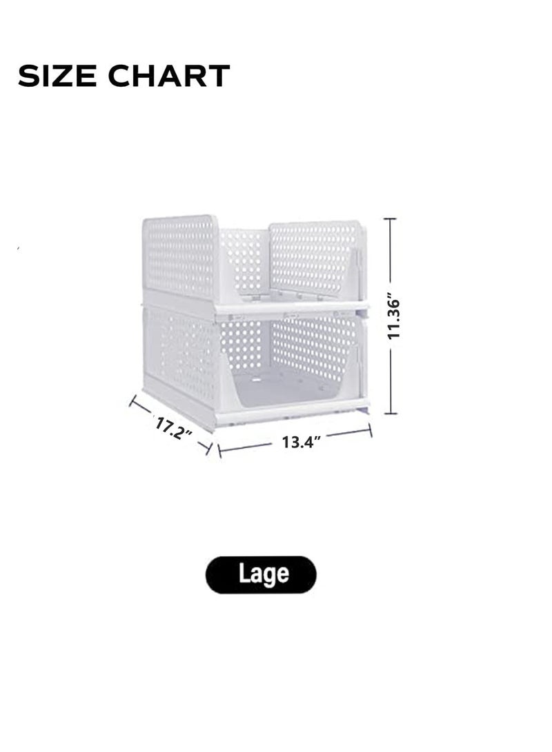 Zikra Stackable Plastic Storage Basket, Foldable Closet Organizers and Storage Bins, Drawer Shelf Storage Container for Wardrobe Cupboard Bedroom Bathroom Office, White Large, 2 Pack - Image 3
