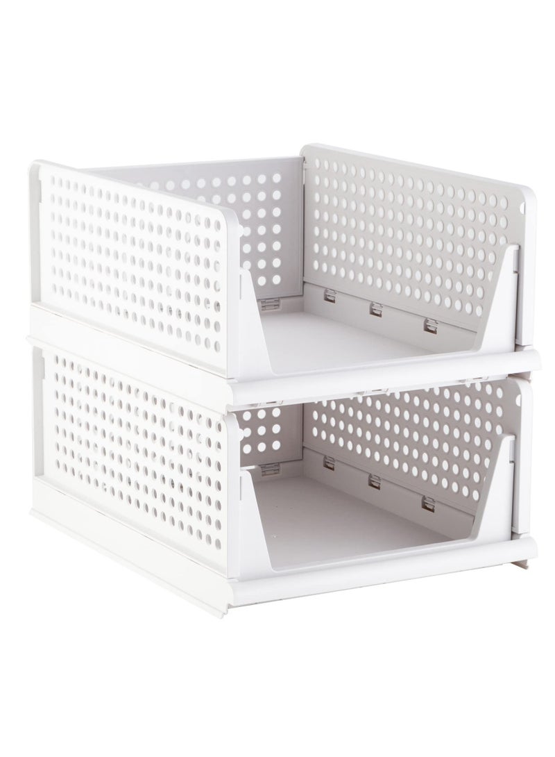 Zikra Stackable Plastic Storage Basket, Foldable Closet Organizers and Storage Bins, Drawer Shelf Storage Container for Wardrobe Cupboard Bedroom Bathroom Office, White Large, 2 Pack - Image 1