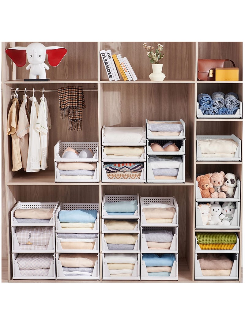Zikra Stackable Plastic Storage Basket, Foldable Closet Organizers and Storage Bins, Drawer Shelf Storage Container for Wardrobe Cupboard Bedroom Bathroom Office, White Large, 2 Pack - Image 2