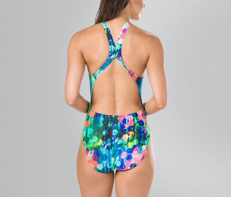 speedo Women FlareFlash Placement Digital Powerback Swimsuit, Black and Blue and Pink  - Image 2