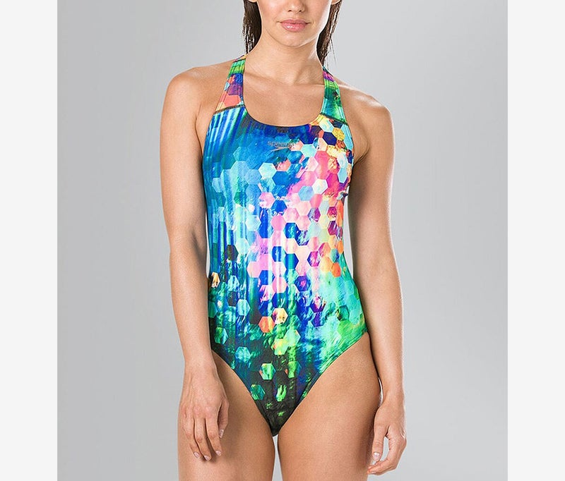 speedo Women FlareFlash Placement Digital Powerback Swimsuit, Black and Blue and Pink  - Image 1