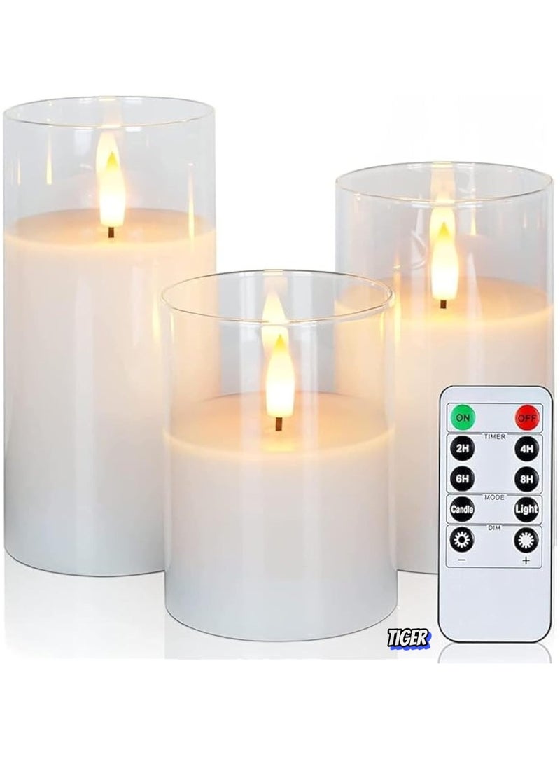 TIGER Set of 3 Glass Flameless Candles with Timer & Remote Control – Flickering LED Pillar Candles, Battery Powered for Holiday, Restaurant & Home Decoration - Image 1