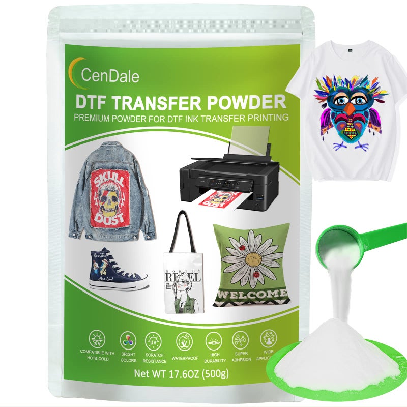 CenDale DTF Powder 500g176OZ White Hot Melt Adhesive Digital DTF Transfer Powder for Sublimation Compatible with DTF and DTG Printers DTF PreTreat Powder for All Fabric Jeans Cotton TShirt