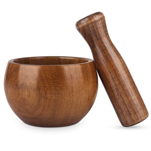 Hisize Wood Mortar and Pestle Set, Wood Grinder Bowl for Guacamole, Salsa, Herb Crusher and Pill - Image 1