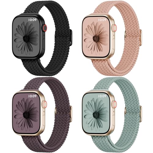 DYKEISS 4 Pack Slim Braided Stretchy Compatible with Apple Watch Band 38mm 42mm 40mm 44mm 41mm 45mm 46mm 49mm Women Men Solo Loop Nylon Thin Strap for iWatch Series 11 10 9 8 7 SE 6 5 4 3 Ultra - Image 1