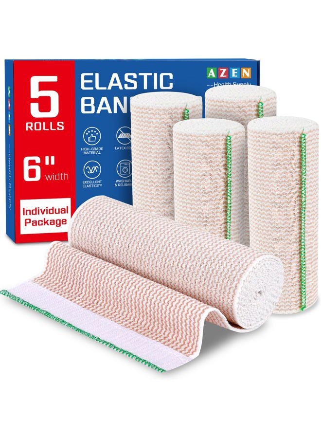 AZEN Premium 5 Pack Elastic Bandage Wrap 6 Inch with Velcro, Compression Wrap Bandage for Legs, Ankle, Knee, Tummy, Body, Latex-Free, Lymphedema Wraps for Legs - Image 1
