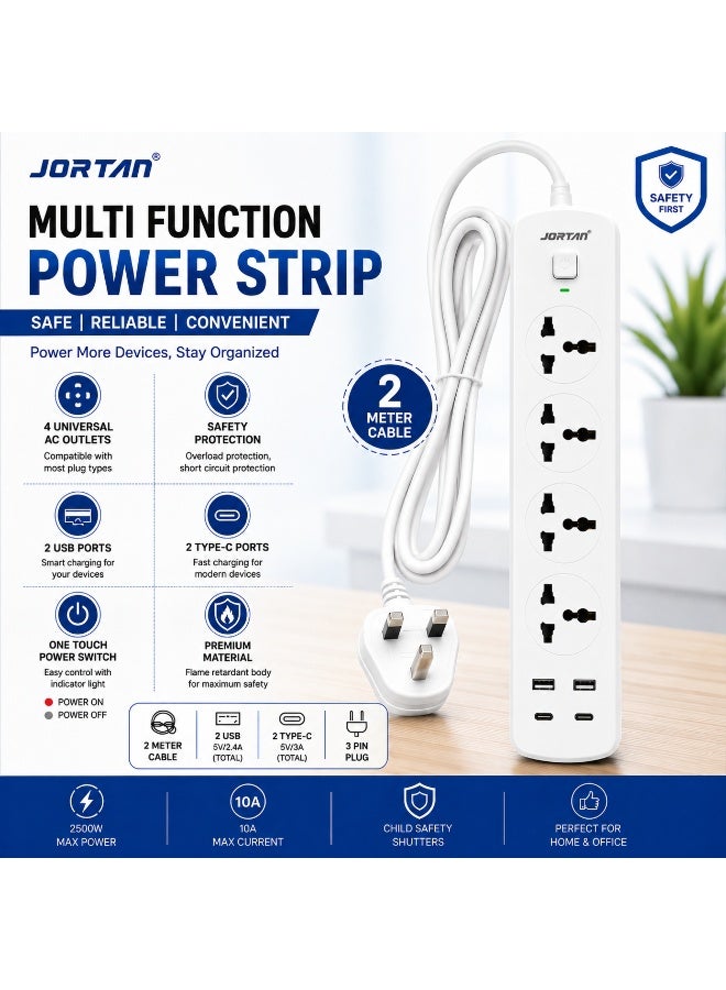 سلك تمديد الطاقة العالمي من جورتان 4 اتجاهات مع منفذي USB ومنفذين من النوع C، وكابل عالي التحمل بطول 2 متر، وشريط طاقة متعدد التوصيل للمنزل والمكتب والسفر وشحن أجهزة متعددة - مدمج ومحمي من زيادة التيار