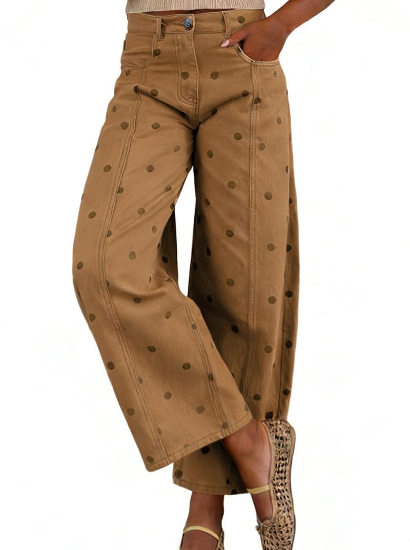 chouyatou Women's 2026 Polka Dot Pattern Barrel Jeans Boyfriend Y2K Casual Wide Leg Mid Rise Denim Pants (Small, Khaki) - Image 1