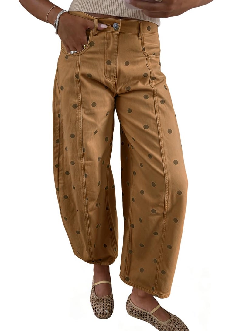 chouyatou Women's 2026 Polka Dot Pattern Barrel Jeans Boyfriend Y2K Casual Wide Leg Mid Rise Denim Pants (Small, Khaki) - Image 2