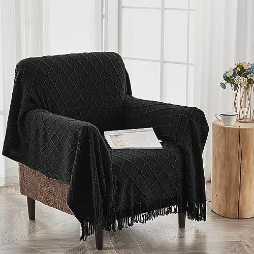 inhand Knitted Throw Blankets for Couch and Bed, Soft Cozy Knit Blanket with Tassel, Black Lightweight Decorative Blankets and Throws, Farmhouse Warm Woven Blanket for Men and Women, 60"x80" - Image 4
