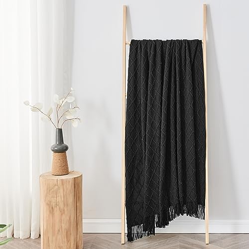 inhand Knitted Throw Blankets for Couch and Bed, Soft Cozy Knit Blanket with Tassel, Black Lightweight Decorative Blankets and Throws, Farmhouse Warm Woven Blanket for Men and Women, 60"x80" - Image 5