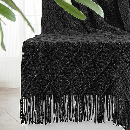inhand Knitted Throw Blankets for Couch and Bed, Soft Cozy Knit Blanket with Tassel, Black Lightweight Decorative Blankets and Throws, Farmhouse Warm Woven Blanket for Men and Women, 60"x80" - Image 1