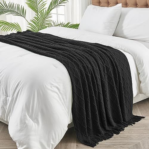 inhand Knitted Throw Blankets for Couch and Bed, Soft Cozy Knit Blanket with Tassel, Black Lightweight Decorative Blankets and Throws, Farmhouse Warm Woven Blanket for Men and Women, 60"x80" - Image 3