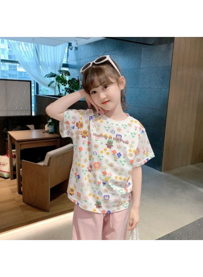 New Girls' Baby's Full Print Short-sleeved T-shirt Summer Girl's Stylish All-match Fashion Top Trend