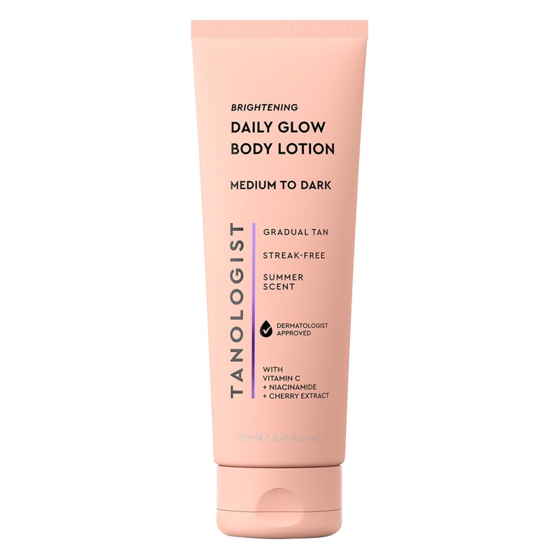 Tanologist Brightening Daily Glow Body Lotion- Medium/Dark, Gradual Tanning Lotion, No Fake Tan Smell, Streak-Free & Natural Looking Self Tanner, Vegan, 8.45 fl. oz/250 ml Tube - Image 1