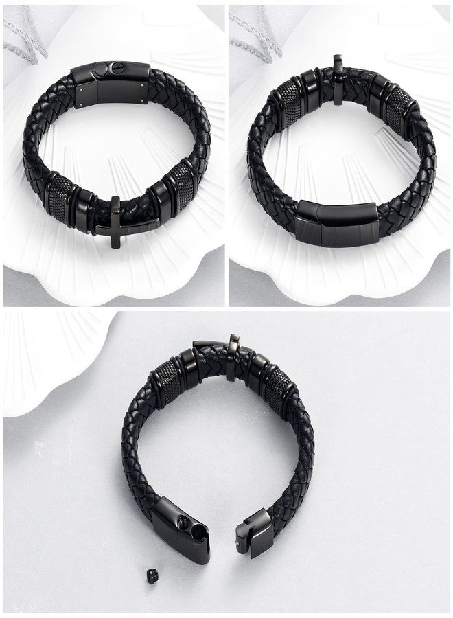 Minicremation Urn Bracelet for Ashes Genuine Leather Cross Cremation Jewelry Keepsake Bangles for Human Pet Memorial Urn Locket(Black 24cm) - Image 3