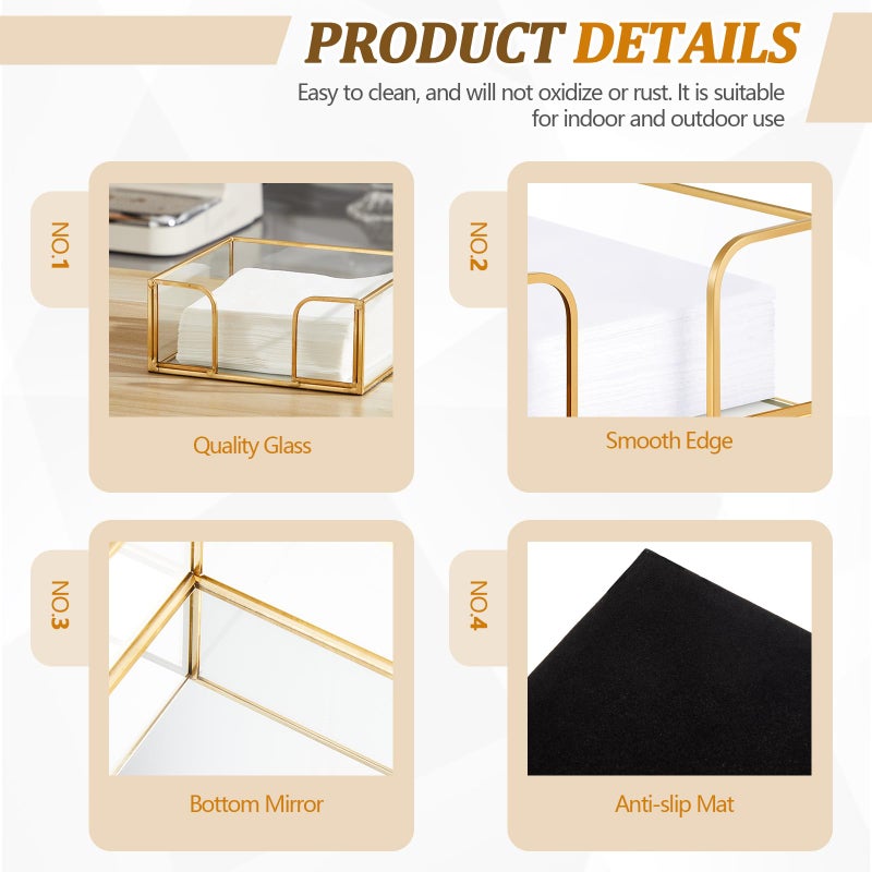 LemonRoad 2 Pcs Square Gold Napkin Holder for Table 5.7 x 5.7 Inch Decorative Cocktail Napkin Holder Glass Flat Paper Basket for Kitchen Dining Buffet Bar Counter Wedding Party Restaurant Bar Hotel - Image 4