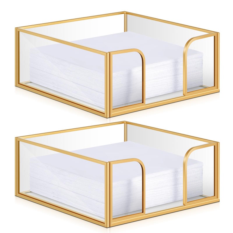 LemonRoad 2 Pcs Square Gold Napkin Holder for Table 5.7 x 5.7 Inch Decorative Cocktail Napkin Holder Glass Flat Paper Basket for Kitchen Dining Buffet Bar Counter Wedding Party Restaurant Bar Hotel - Image 1