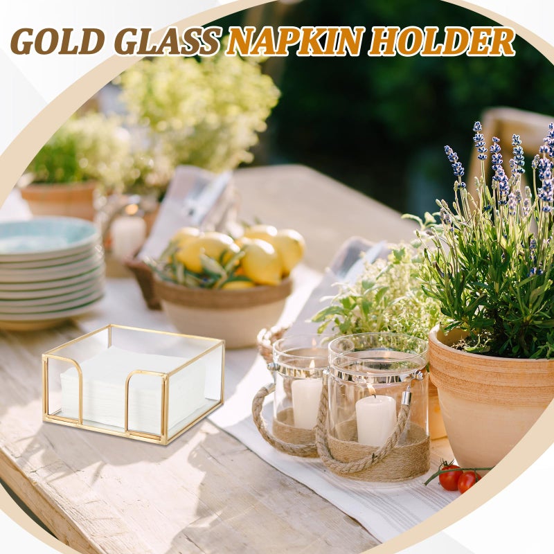 LemonRoad 2 Pcs Square Gold Napkin Holder for Table 5.7 x 5.7 Inch Decorative Cocktail Napkin Holder Glass Flat Paper Basket for Kitchen Dining Buffet Bar Counter Wedding Party Restaurant Bar Hotel - Image 2