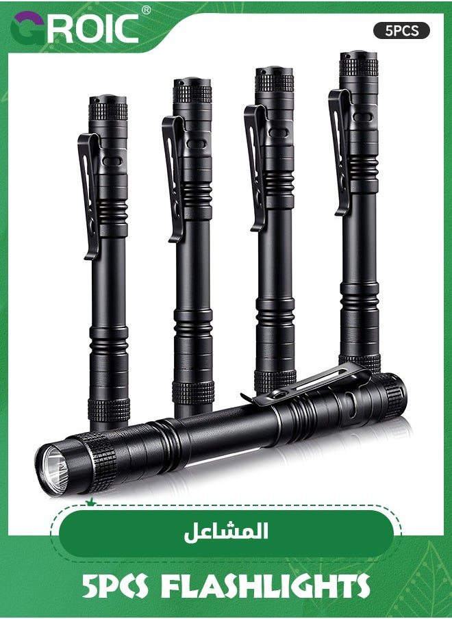 GROIC 5 Pcs Mini Pen Light Flashlights, Pocket Flashlights Penlight , Small LED Flashlights with Clip Aluminum Tactical Pocket Light Torch, Battery Powered Mini Pen Flashlight Waterproof 5.12 Inch  - Image 1