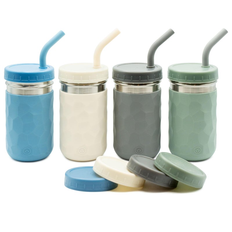 WeeSprout 2-in-1 Drinking Cups for Kids, Durable Stainless Steel Tumbler for Smoothies, Silicone Straws with Stoppers, Premium Plastic Twist Lids, Easy-Grip Sleeves, Set of 4 Dishwasher Safe Kid Cups - Image 1