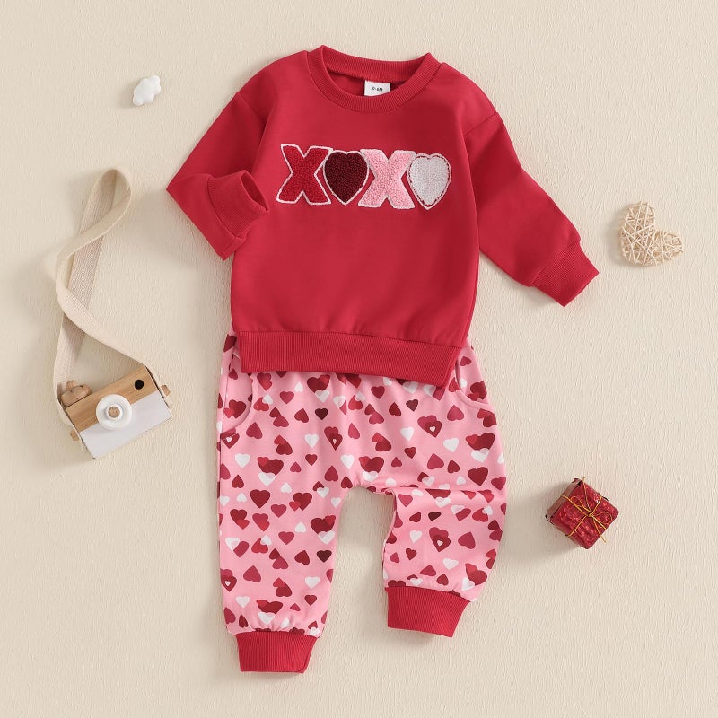 LAGKIYOJ Toddler Girl Valentines Day Outfit Letter Long Sleeve Sweatshirt Pants Clothing Set Fall Winter Valentine Clothes (Red, 2-3T) - Image 3