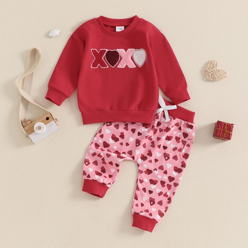 LAGKIYOJ Toddler Girl Valentines Day Outfit Letter Long Sleeve Sweatshirt Pants Clothing Set Fall Winter Valentine Clothes (Red, 2-3T) - Image 2