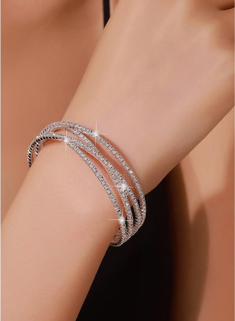 Rhinestone Bracelet for Women Silver Multilayer Cuff Bracelet Crystal Bridal Bracelets - Image 2