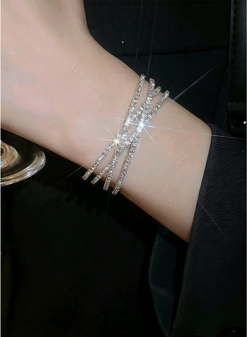Rhinestone Bracelet for Women Silver Multilayer Cuff Bracelet Crystal Bridal Bracelets - Image 3