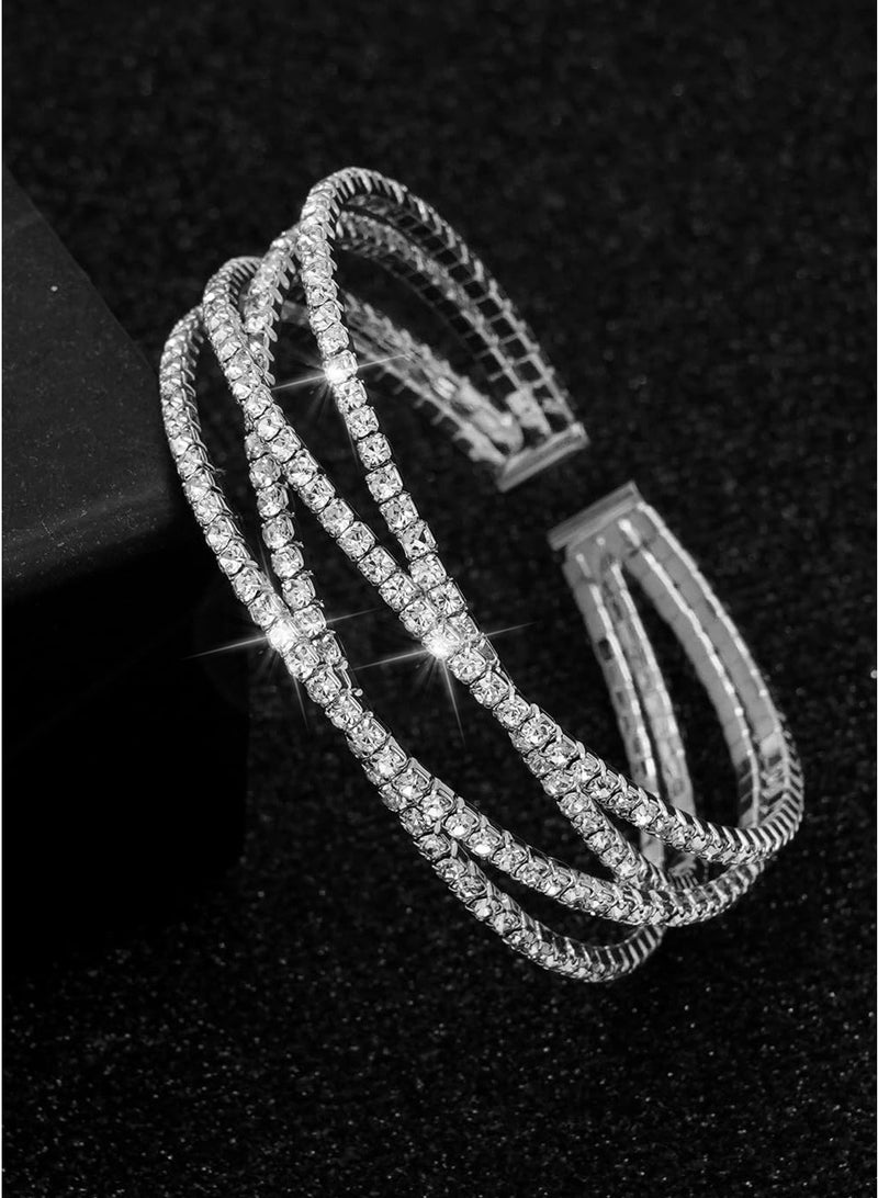 Rhinestone Bracelet for Women Silver Multilayer Cuff Bracelet Crystal Bridal Bracelets - Image 1