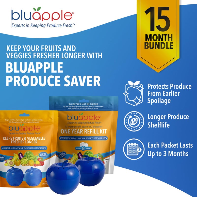 Bluapple Ethylene Gas Absorber Classic Produce Saver 15-Month Bundle - Vegetable & Fruit Fresh Produce Storage Protector, Food Freshness Extender, Fresh Fruit & Vegetable Saver, USA-Made BPA-Free - Image 2