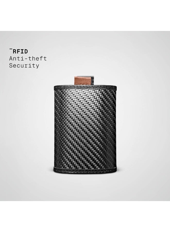 The Frenchie Co. Speed Wallet Mini | Ultra Slim Front Pocket Wallet for Men & Women | RFID Blocking Quick-Access Card Holder with Pull Tab | Carbon Fiber with Full-Grain Italian Leather Minimalist Design | Holds up to 14 Cards & Cash (Black-Tan) - Image 4