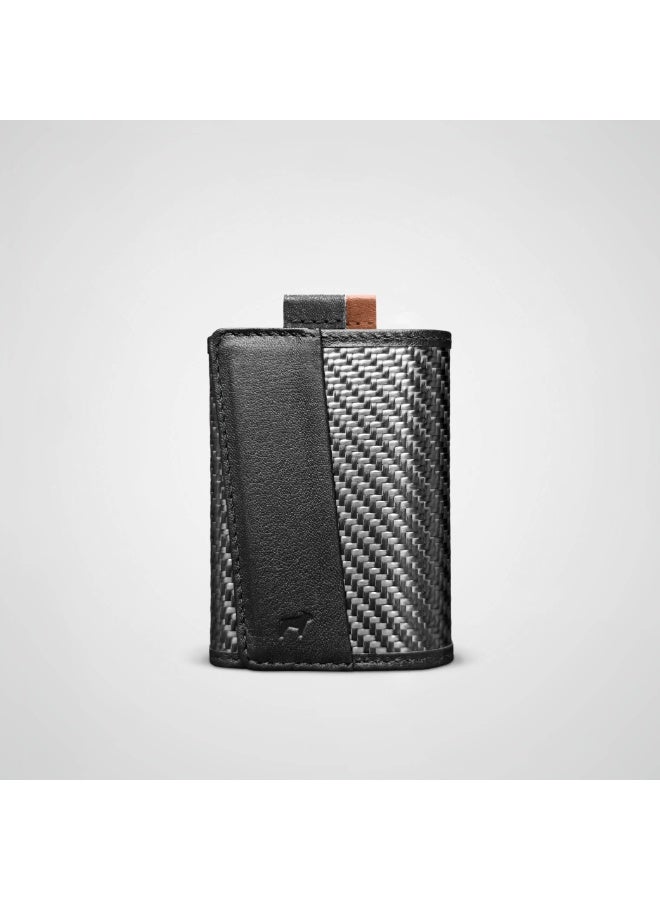 The Frenchie Co. Speed Wallet Mini | Ultra Slim Front Pocket Wallet for Men & Women | RFID Blocking Quick-Access Card Holder with Pull Tab | Carbon Fiber with Full-Grain Italian Leather Minimalist Design | Holds up to 14 Cards & Cash (Black-Tan) - Image 2