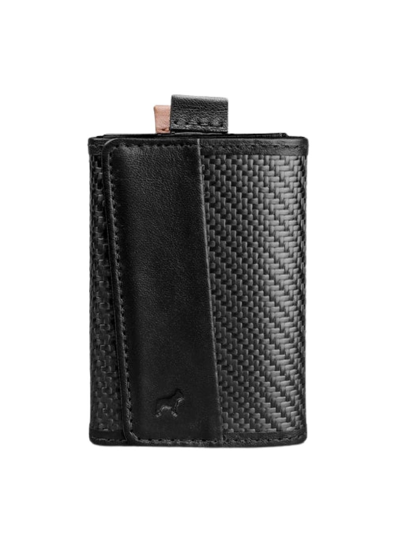 The Frenchie Co. Speed Wallet Mini | Ultra Slim Front Pocket Wallet for Men & Women | RFID Blocking Quick-Access Card Holder with Pull Tab | Carbon Fiber with Full-Grain Italian Leather Minimalist Design | Holds up to 14 Cards & Cash (Black-Tan) - Image 1