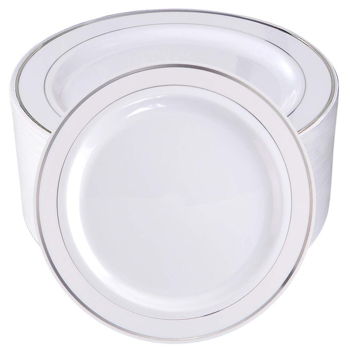 100PIECES SILVER PLASTIC PLATES 1025INCH SILVER RIM DISPOSABLE DINNER PLATES IDEAL FOR WEDDINGS PARTIESCHRISTMAS