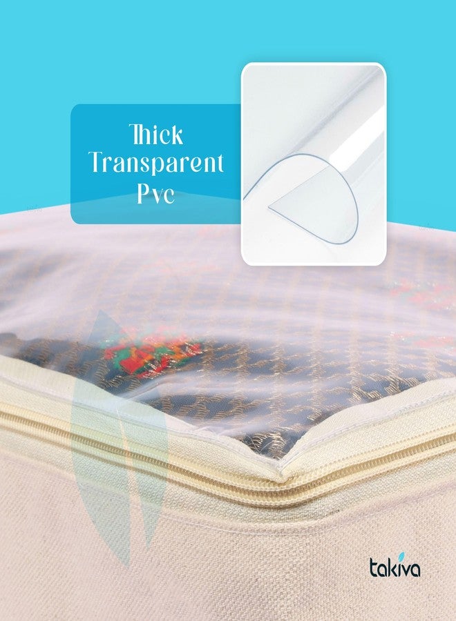 TAKIVA Cotton Storage Box For Clothes (Pack Of 3)|Saree Covers With Zip,Storage Organizer|Wardrobe Organizer For Women's Dresses,Sarees,Lehengas|Durable Material,Washable & Reusable,Off-White - Image 4