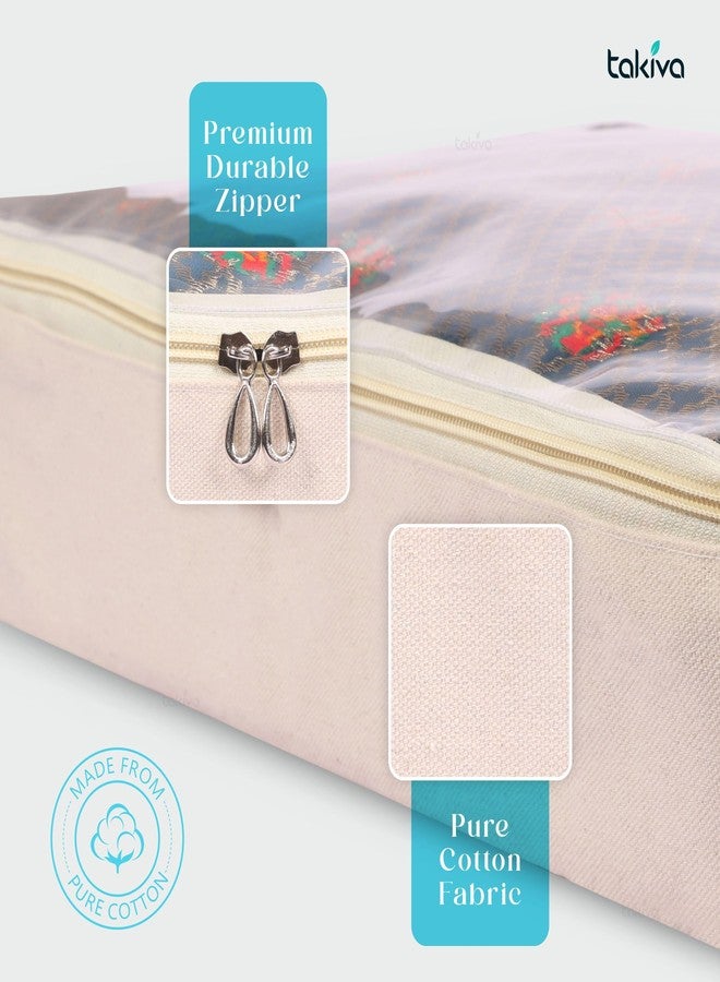 TAKIVA Cotton Storage Box For Clothes (Pack Of 3)|Saree Covers With Zip,Storage Organizer|Wardrobe Organizer For Women's Dresses,Sarees,Lehengas|Durable Material,Washable & Reusable,Off-White - Image 3