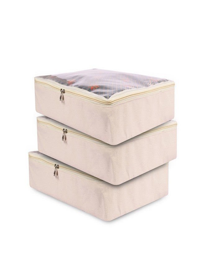 TAKIVA Cotton Storage Box For Clothes (Pack Of 3)|Saree Covers With Zip,Storage Organizer|Wardrobe Organizer For Women's Dresses,Sarees,Lehengas|Durable Material,Washable & Reusable,Off-White - Image 1
