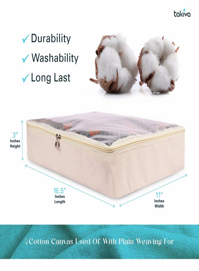 TAKIVA Cotton Storage Box For Clothes (Pack Of 3)|Saree Covers With Zip,Storage Organizer|Wardrobe Organizer For Women's Dresses,Sarees,Lehengas|Durable Material,Washable & Reusable,Off-White - Image 2