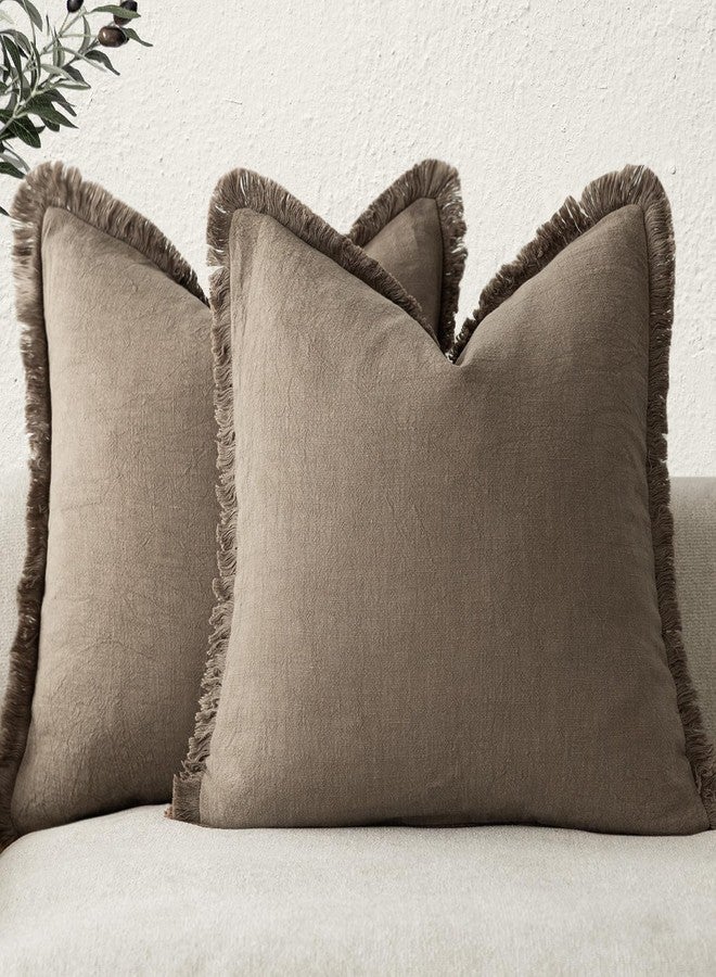 Foindtower Set of 2 Decorative Linen Fringe Throw Pillow Covers Cozy Boho Farmhouse Cushion Cover with Tassels Soft Accent Pillowcase for Couch Sofa Bed Living Room Home Decor, 26×26 Inch, Light Brown - Image 1