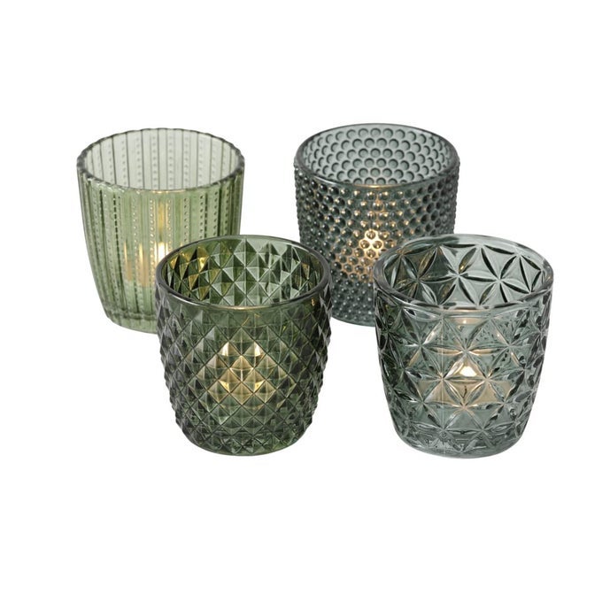 TEA LIGHT HOLDER GLASS GREEN SET OF 4