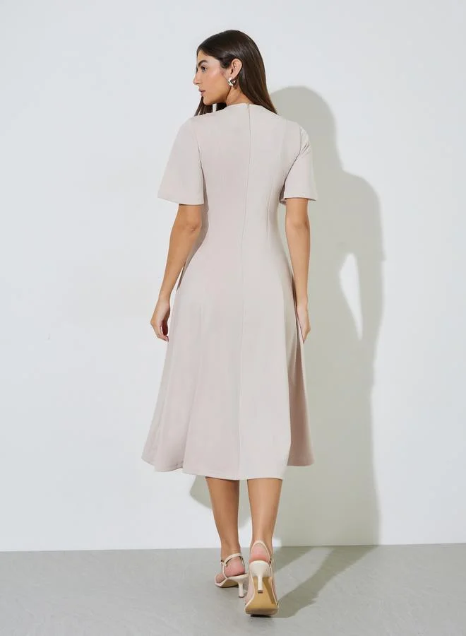 Styli  Beige Solid Short Sleeves A-Line Midi Dress for Women | Best Price UAE