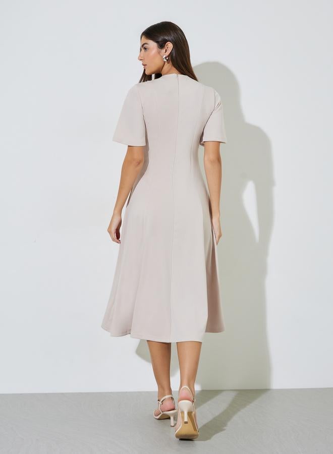 Styli Beige Solid Short Sleeves A-Line Midi Dress - Image 5