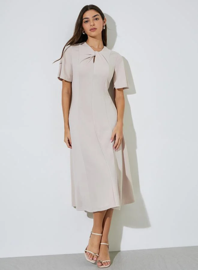 Beige Solid Short Sleeves A-Line Midi Dress