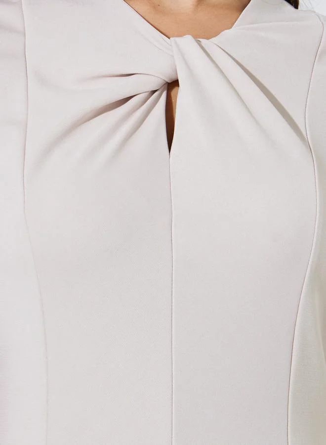 Styli  Beige Solid Short Sleeves A-Line Midi Dress for Women | Best Price UAE