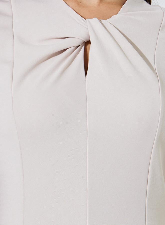 Styli Beige Solid Short Sleeves A-Line Midi Dress - Image 4
