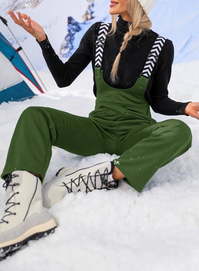 Fisoew Women Snow Bib Overalls Insulated Waterproof Windproof Ski Bibs Pants Breathable Snowsuit Army Green - Image 4