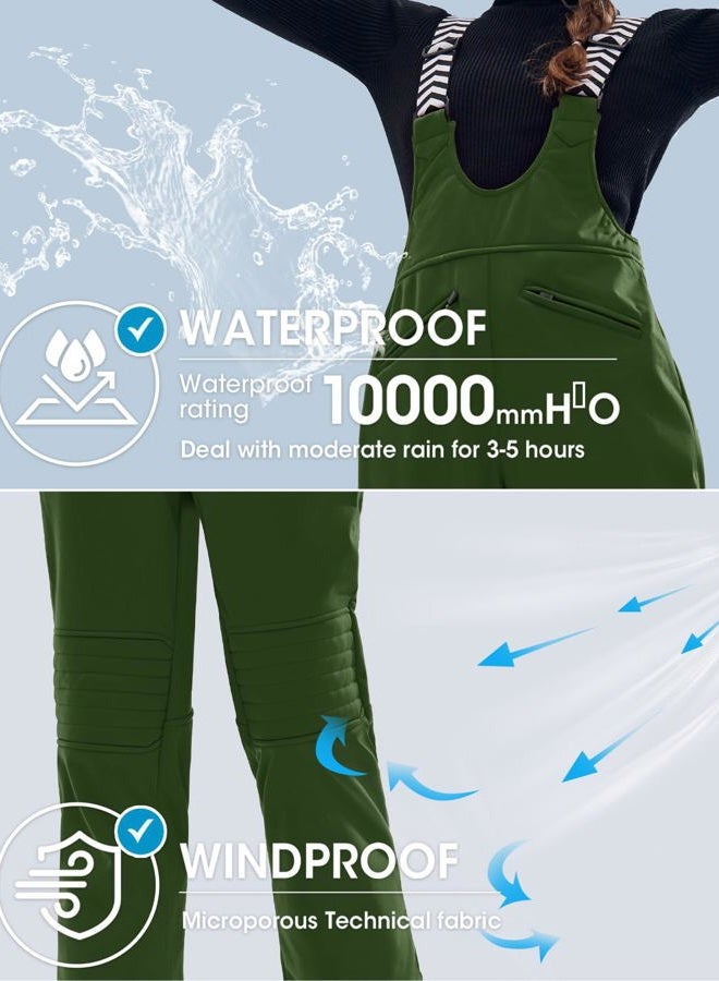 Fisoew Women Snow Bib Overalls Insulated Waterproof Windproof Ski Bibs Pants Breathable Snowsuit Army Green - Image 5