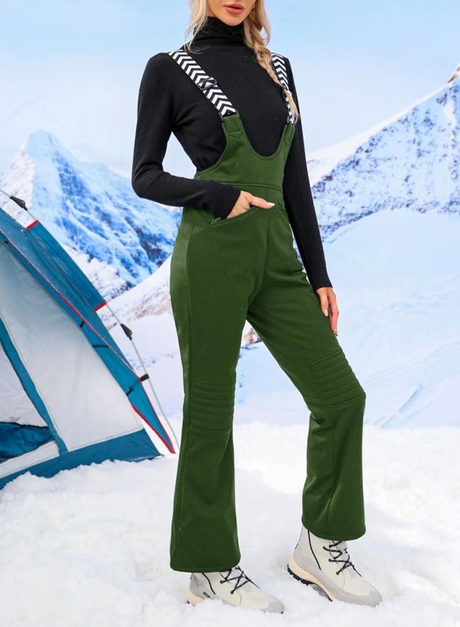 Fisoew Women Snow Bib Overalls Insulated Waterproof Windproof Ski Bibs Pants Breathable Snowsuit Army Green - Image 2