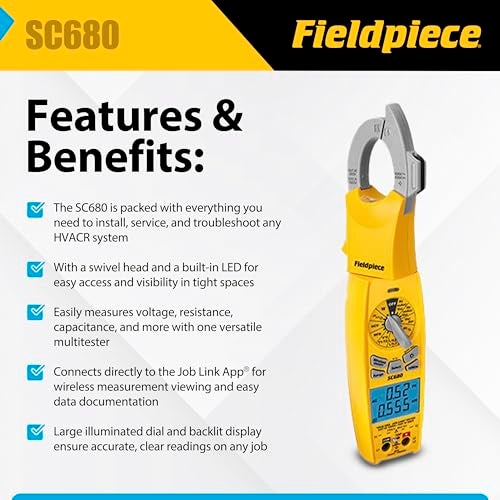 Fieldpiece SC680 Clamp Meter - Wireless Power Multitester for HVACR Professionals - AC/DC Swivel Clamp Meter with Dual Display - HVAC Tools - Image 2